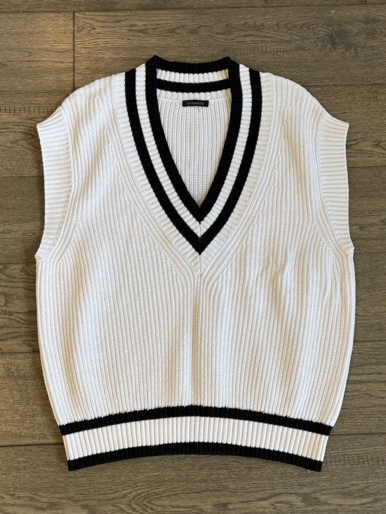 Dynamite Sweaters - Dynamite White Knit V-Neck Vest with Black Stripe Trim